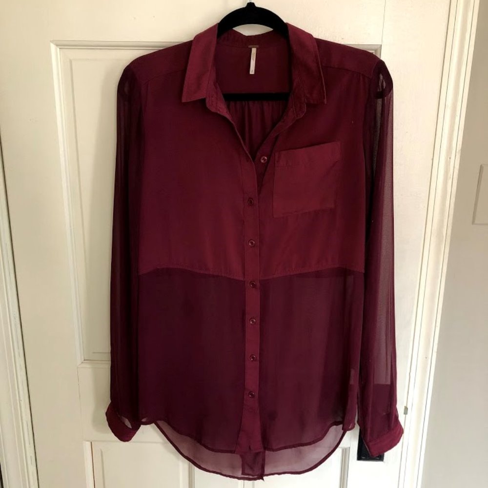 Free People Sheer Burgundy Buttondown Shirt - S